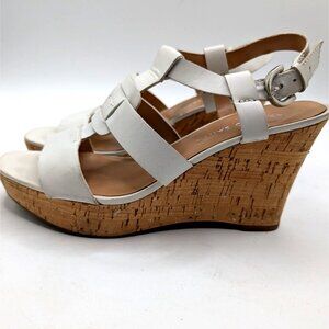 Franco Sarto White Leather Strappy Cork Wedge Sandals Size 8 With Adjustable Buc
